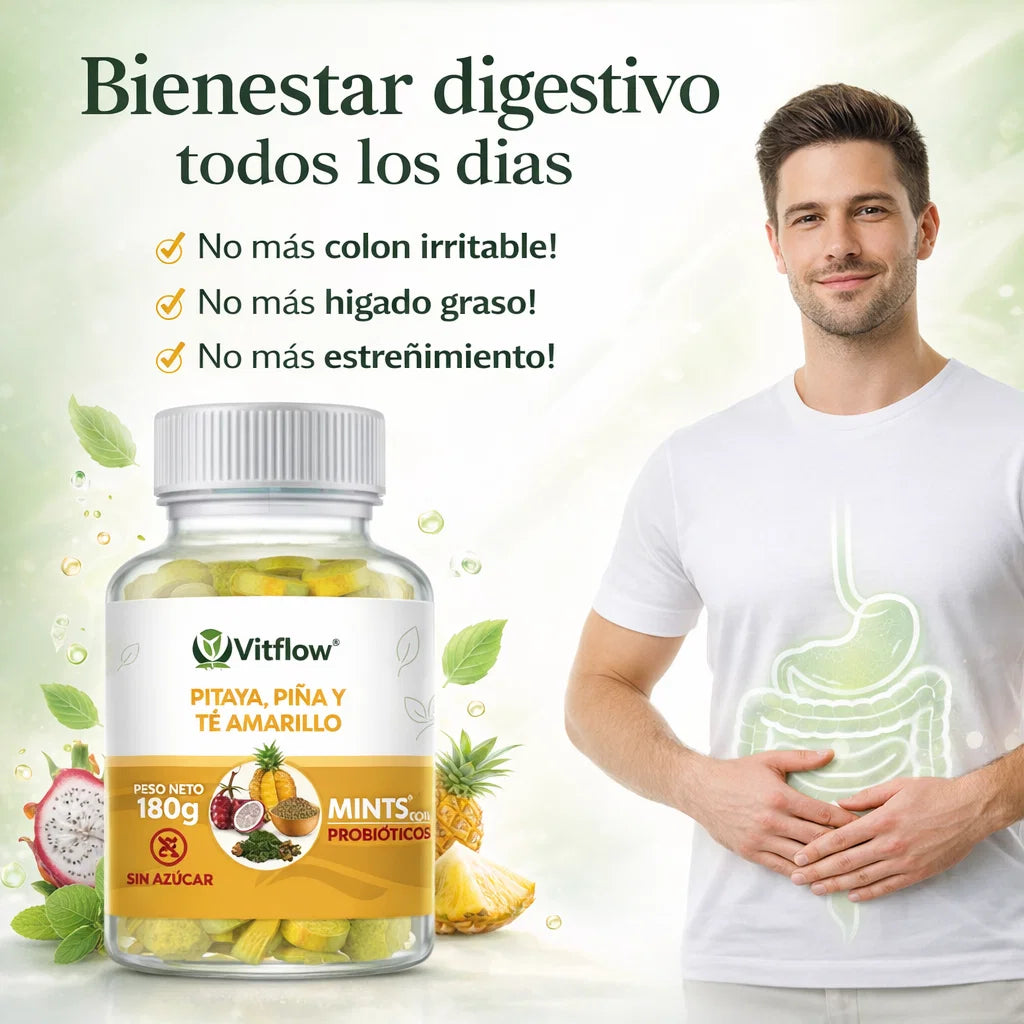 Mentas Probióticos Vitflow de Pitaya, Piña y Té Amarillo