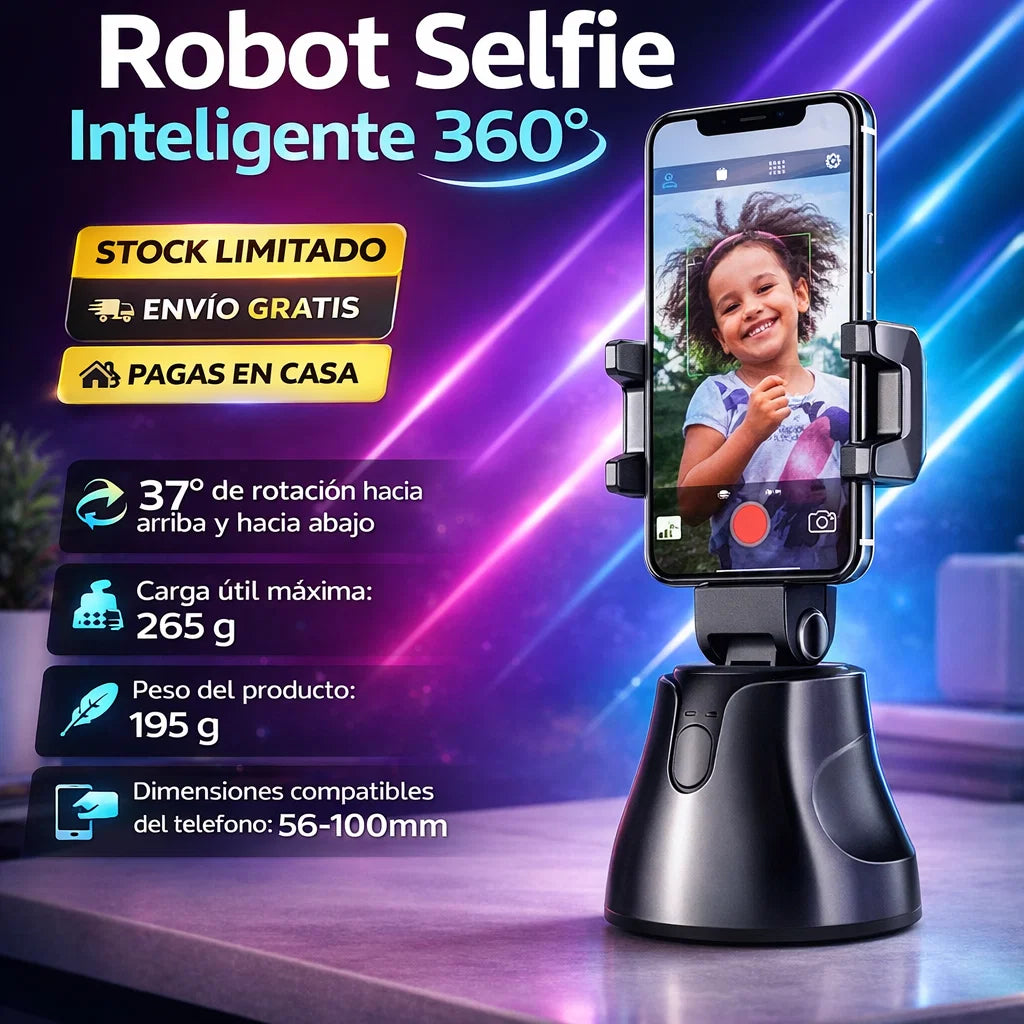 Robot Selfie Inteligente 360° con Soporte para Celular | Graba sin manos y sin trípode