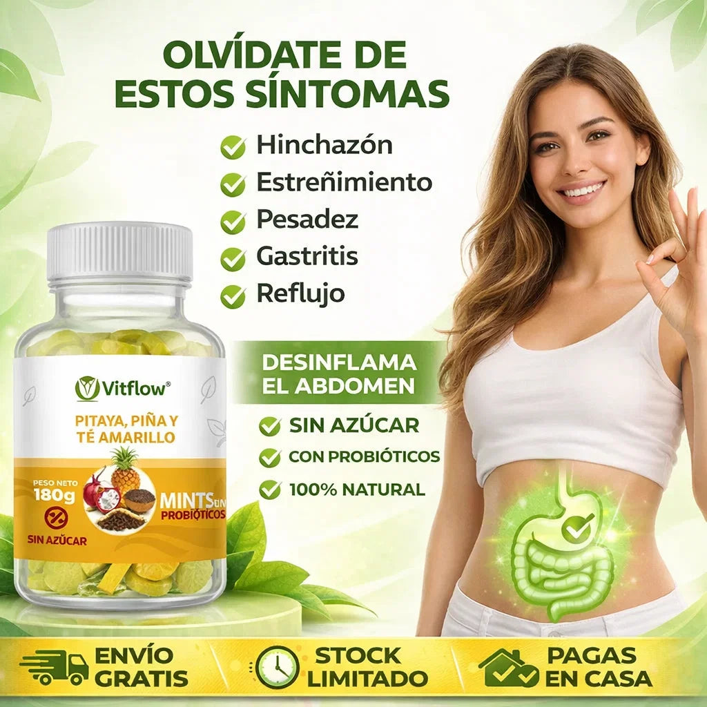 Mentas Probióticos Vitflow de Pitaya, Piña y Té Amarillo