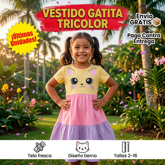 Vestido Gatita Tricolor — Comodidad y Ternura en Cada Talla (2 a 16 años)