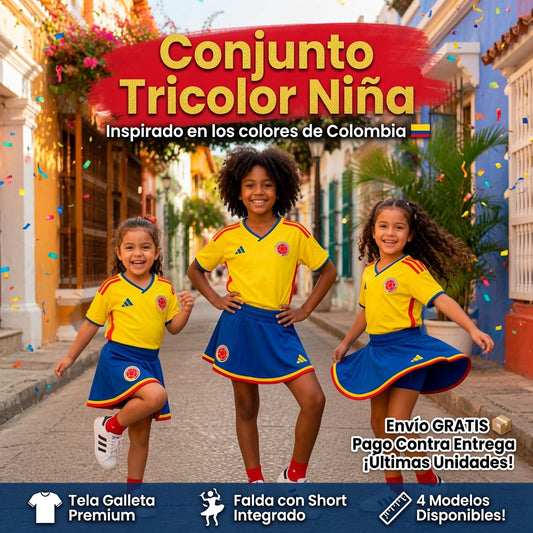 Conjunto Tricolor Niña — Falda Short Inspirada en los Colores de Colombia