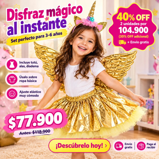 Tutú Dorado de Pegaso con Diadema Unicornio — El Disfraz Soñado en Solo Segundos