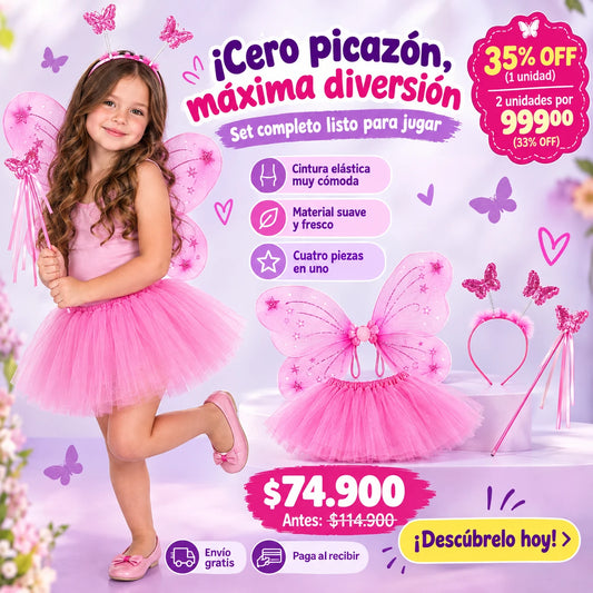 Disfraz Mariposa Niña 4 Piezas — Alas, Tutú, Balaca y Varita Mágica